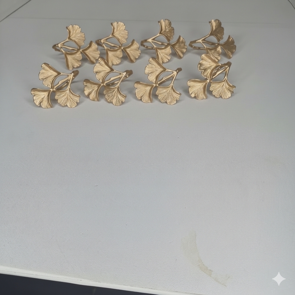 ​Set of 8 Ginkgo Biloba Leaf Napkin Rings - Matte Gold Finish - Elegant